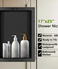 Shower Niche Shelf For Tiled Bathrooms 17 By 25 By 4 Inches with ABS material in wall featuring shampoo bottles