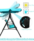 Three Seat Patio Swing With Steel Frame And Adjustable Canopy, All Weather Resistant Rocking Bench, showing turquoise finish