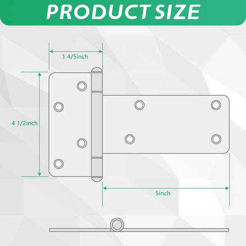 Sizing diagram of 5 Inch T Strap Heavy Duty Gate Hinges 260 lb capacity 4 pack with measurements for barn doors.