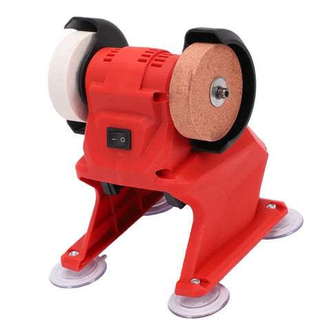 Tough As Nails 18V Cordless Mini Bench Grinder And Polisher Kit Features Dual Corundum Wheels And Full Copper Motor For Rock Solid Output On Every Metal Project, showing front view and grinding wheels.