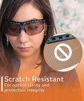 Close-up of a woman wearing Battle Tested NoIR Laser Safety Glasses Featuring A Hella Comfortable Wraparound Fit For Maximum Ultraviolet And Infrared Eye Protection Laser Grade Durability.