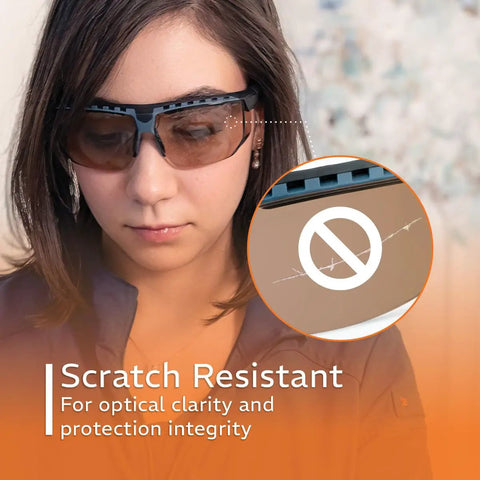 Woman wearing Heavy Duty Laser Safety Glasses With A Roomy Fitover Cut Giving Hella Wavelength Coverage Up To 532Nm And An OD 7 Plus Guard.
