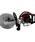 Professional Grade 52CC Two Stroke Gas Concrete Cutting Saw Featuring A Rugged Workhorse Design With 13 Inch Diamond Blade And Sturdy Rubber Wheels For Quick Slab Jobs, showcasing the side view with blade.