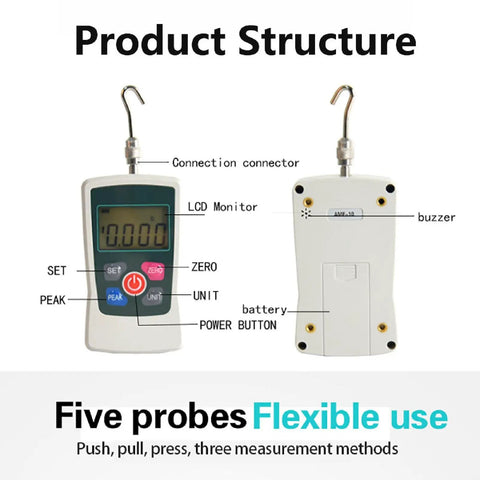Top Tier Portable Digital Force Gauge And Heavy Duty Push Pull Tester Featuring Slick Lcd Displays showing structure and buttons.