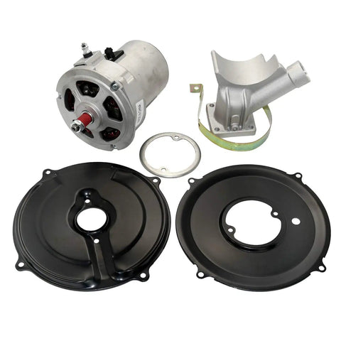 Fresh Out The Box Sixty Amp Alternator Kit For Volkswagen Beetle components including alternator, plates, and mounting hardware.