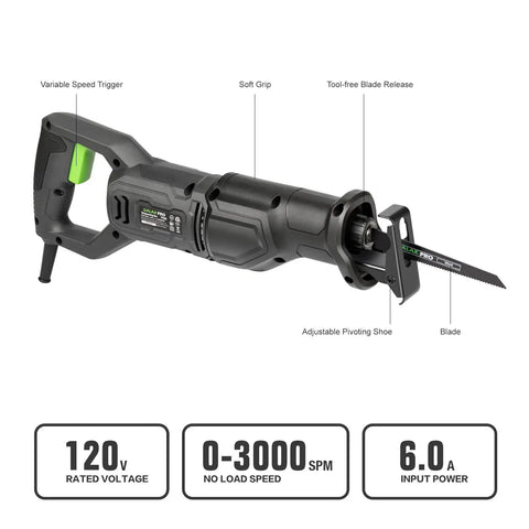 Heavy Duty Corded Reciprocating Saw 120V With 6.0 Amp Motor And 2800 RPM, featuring tool-free blade release and soft grip handle.