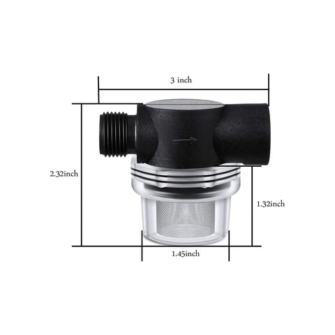 Water Pump Filter 50 Mesh Stainless Steel Screen 255213 with dimensions on display, featuring clear shell and durable housing.