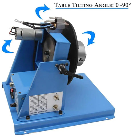 Rock Solid Rotary Welding Positioner With 90 Degree Tilt Table And 180 Millimeter Turntable Featuring 65 Millimeter Chuck, side view showcasing tilt angle and motor.