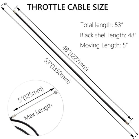 48 Inch Universal Throttle Cable Kit dimensions with 53" inner cable and 48" outer cable for go-karts and mini bikes.