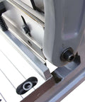 Close-up of 52 Inch 16 Gauge Sheet Metal Shear Press Brake And Slip Roll Combo showing detail of back gauge and segmented fingers.