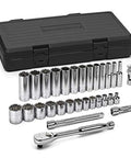 Three Eighth Inch Drive 12 Point Mechanics Tool Set, 30 Pc, Standard And Deep SAE Sockets, Polished Chrome Finish With Large Size Markings And Knurled Extensions displayed with case