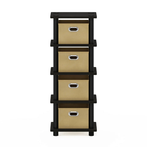 Four Tier Toolless Storage Shelves Espresso Finish With Four Fabric Bins No Sweat Setup, vertical unit with four cream bins.