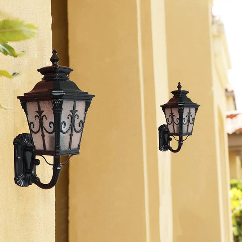 Hardcore Rustic Black Wall Lantern And Outdoor Wall Sconce With All Season Weather Proof Design For Front Porch Patio Entryway vintage style on wall.