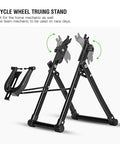 Foldable Wheel Truing Stand For 16 To 29 Inch Wheels, Space Saving Maintenance Holder in metal frame, front view