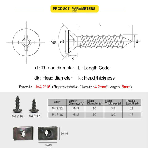 Hardcore Rock Solid Auto Tape Clips And Self Tapping Screws Kit With Slick Zinc Plated Bolts for dimension details and specifications.