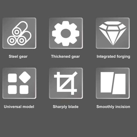 Icons of features for Electric Drill Refitting Plate Shears Attachment, highlighting steel gear, thickened gear, and smooth incision.