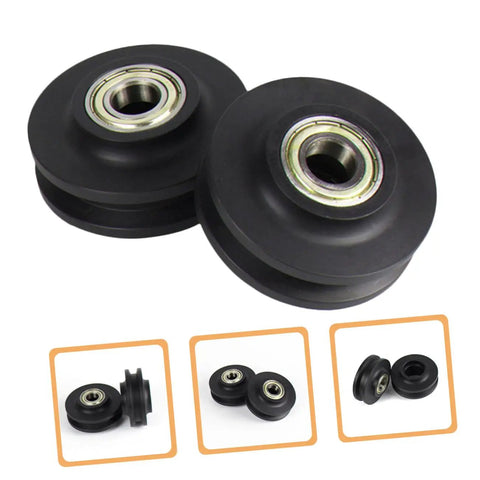 Heavy Duty Sliding Gate Bearing Rollers 4 Pack Nylon Wheels for Inverted Tracks shown from above, black rollers with bearings.