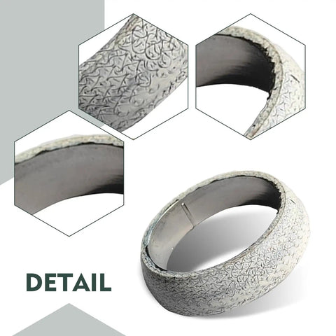 Detailed view of a textured silver ring showcasing its intricate design and smooth finish.