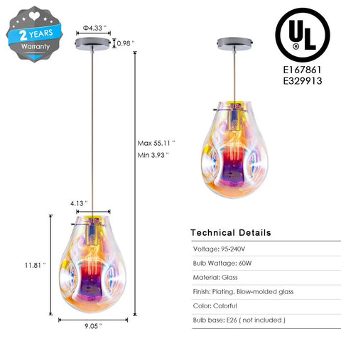 Colorful Bubble Glass Island Pendant Light 1 Light For Kitchen And Dining with detailed measurements and specifications