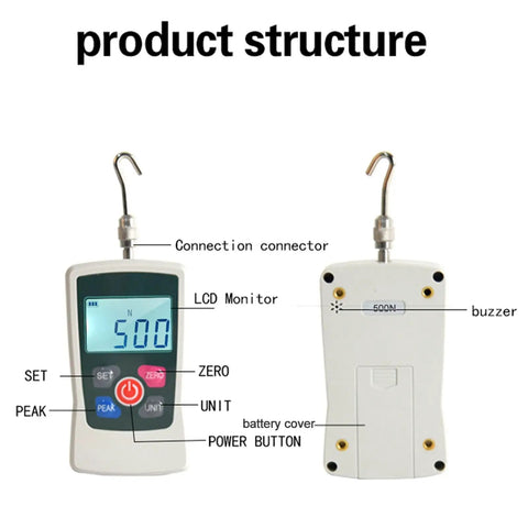 Rock Solid Digital Force Gauge With Dead On Accuracy, 500N Push Pull Meter, showing LCD display and button layout.