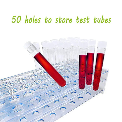 Clear Plastic Test Tubes With Rack 50 Pack, 10ml Capacity, 16 By 100mm Tubes With Caps in 50 Hole Tube Rack with red liquid