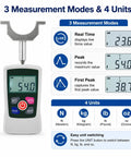 Portable Digital Handheld Dynamometer For Grip Strength Testing And Muscle Endurance Tracking With Dead On Accuracy display showing measurement modes and units.