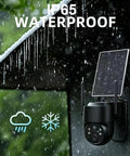 Reliable 4G LTE Solar Security Camera Delivers Crisp 5MP Footage And Vivid Color Night Vision No More WiFi Headaches Featuring Rugged IP65 Build Tailored For Backyards And Off Grid Sites mounted outdoors, showing solar panel in rain.