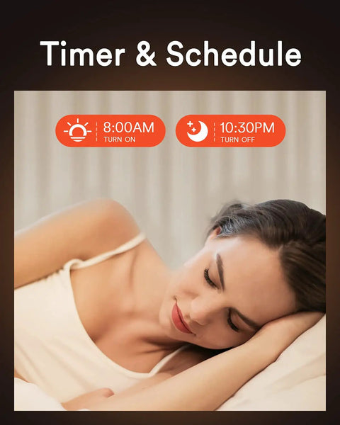 Woman sleeping with timer schedule graphic for 6 Inch Canless LED Recessed Lights 13W 1000LM Smart Color Changing Downlights