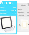 HITOO 8 Inch Square Recessed Ceiling Light, 3CCT, Dimmable, Black, 2 Pack with specifications displayed