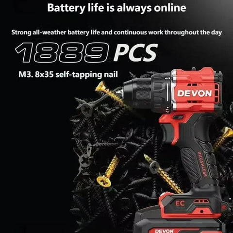 Heavy Duty 20V Brushless Cordless Impact Drill With Killer 55 Nm Torque And Two Speed Variable Control Featuring A Bone Solid 10 Mm Keyless Chuck Paired With A Long Lasting 4 Ah Battery That Crushes Demanding Jobs Effortlessly on a background of screws.