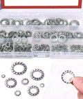 Heavy Duty 300 Piece External Star Lock Washers Set in 304 Stainless Steel with organizer box and single washer detail