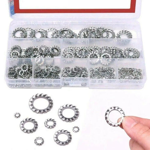Heavy Duty 300 Piece External Star Lock Washers Set in 304 Stainless Steel with organizer box and single washer detail