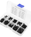 Beefy Socket Head Hex Grub Screw Set Assortment Kit 12.9 Grade Stainless DIN 916 Metric Sizes M3 to M8 Heavy Duty Fasteners for Machinery Repair and Metalworking Great for Fixtures Handles and DIY Projects, open case with black M3-M8 screws