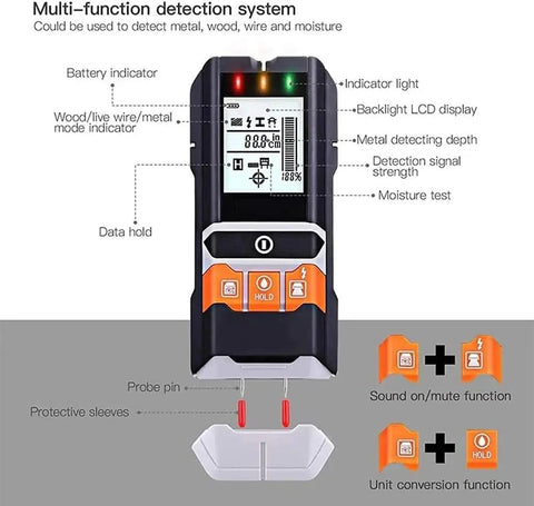 Heavy Duty 4 In 1 Stud Finder And Wall Scanner with LCD display and probe pins for detecting metal, wood, and moisture.