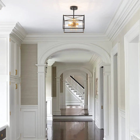 Gold Flush Mount Ceiling Light, Modern Brass Sputnik Starburst Fixture, Small 12.6 In installed in elegant hallway entryway.