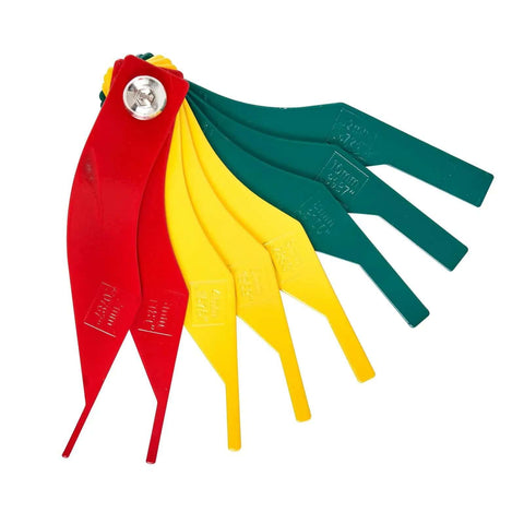 Brake Pad Thickness Gauge Tool Set Of 8 for Quick Brake Lining Check, color-coded gauges in red, yellow, green for metric and SAE measurements