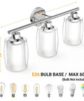 Three Light Chrome Bathroom Vanity Fixture With Dope Double Layer Anti Glare Shade, E26 base, 17.3 inches wide view.