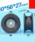 Premium 10 Piece U Groove Nylon Black Sliding Door Track Rollers With Buttery Smooth 6200ZZ Ball Bearings For Cabinet Drawer Guides And Heavy Duty Hardware Kits, size 56mm x 27mm.