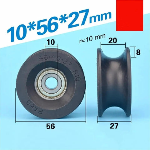 Premium 10 Piece U Groove Nylon Black Sliding Door Track Rollers With Buttery Smooth 6200ZZ Ball Bearings For Cabinet Drawer Guides And Heavy Duty Hardware Kits, size 56mm x 27mm.