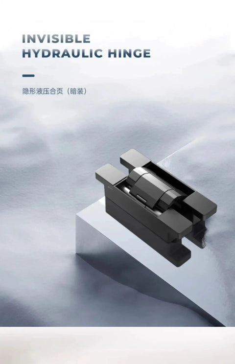 Heavy Duty Hidden Door Self Closing Hinge Dead Silent Hydraulic Buffer smooth black hinge on a reflective surface.