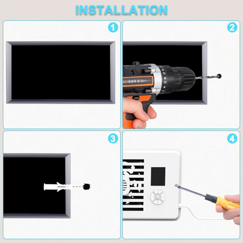 Installation steps for Register Booster Fan For 4x10 Vents, 10 Speeds, LED Screen Remote, Thermostat Control shown in four images