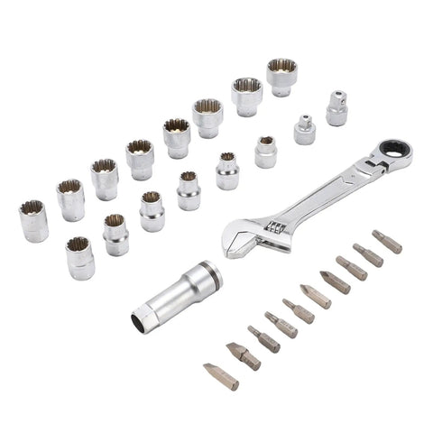 Pass Through Socket Set With Three Eighths And One Half Inch Drive Sockets 72 Tooth Reversible Ratchet Tool Kit on white background
