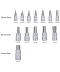 Complete Hex Bit Socket Set With 13 Essential Pieces Covering 2mm To 14mm With Versatile 1/4 3/8 And 1/2 Inch Drive showing various hex bits.