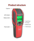 Close-up of UT387C Heavy Duty Stud Finder And Wall Scanner features, including display screen, LED indicator, and scan modes.