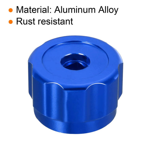 Blue aluminum alloy round wheel handle for faucet knobs and handwheels, rust-resistant, close-up view.