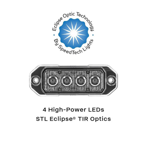 Battle Tested Led Caution Light Featuring Four High Output Surface Mount Beacons For Tow Trucks And Utility Fleet With Dual Memory Flash Patterns And Crisp Green Lens Optics, showing 4 high-power LEDs with STL Eclipse® TIR optics.