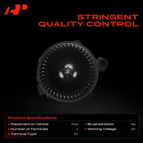 Front Hvac Heater Blower Motor With Fan Cage Fits Hyundai Ioniq Kia Forte Forte5 Niro Ev top view showing black cage and motor specs.