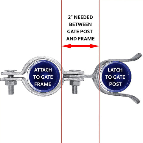 Top Tier Galvanized Chain Link Fork Gate Latch With Padlock Hole Fits Standard 1 5/8 Inch Piping showing attachment points for gate post and frame.