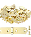 Forty Piece Gold Brass Mini Hinges With Matching Screws Offering No Sweat Installation And Fade Proof Finish Perfect For Tiny Drawers Birdhouses And All Your Weekend Warrior Maker Projects - Assorted hinges and screws.