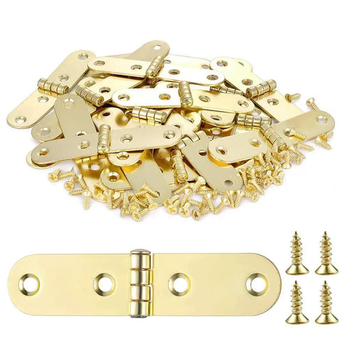 Forty Piece Gold Brass Mini Hinges With Matching Screws Offering No Sweat Installation And Fade Proof Finish Perfect For Tiny Drawers Birdhouses And All Your Weekend Warrior Maker Projects - Assorted hinges and screws.
